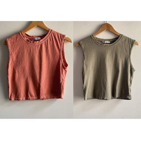 Zara Tops - Zara tank tops stonewashed rose pink army hunter green cotton muscle crop tops